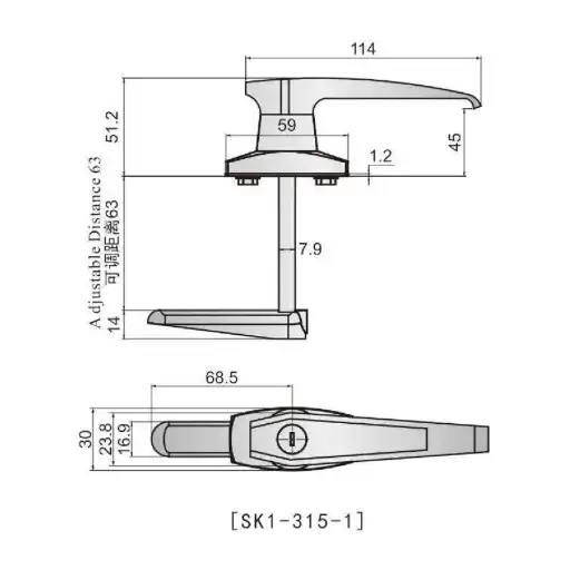 Adjustable handle lock with or without keys in zinc alloy