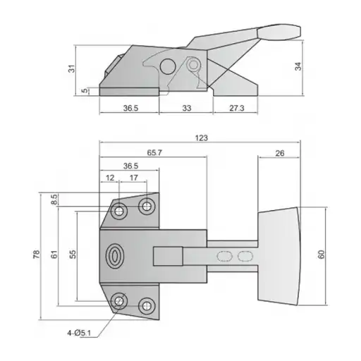 Side mounted handle latch in zinc ally with bright chrom plating