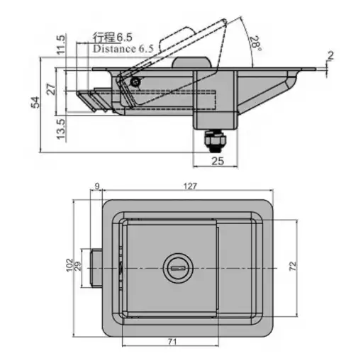 Steel paddle latch with cylinder lock and anti-vibration and anti-shock performace