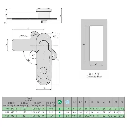 90 degree rotating open handle panel lock with or without cylinder