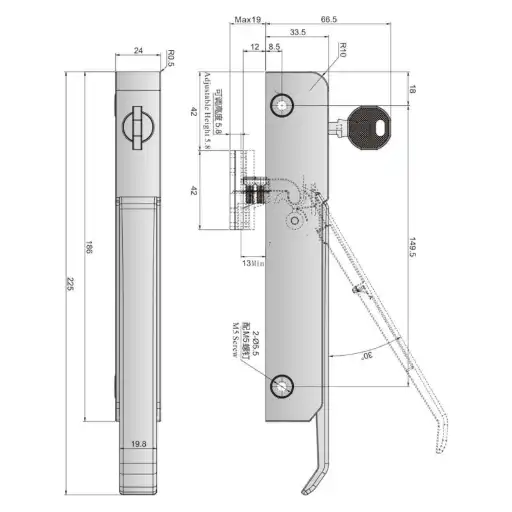 impact closing handle latch with adjustable base height and lock cylinder