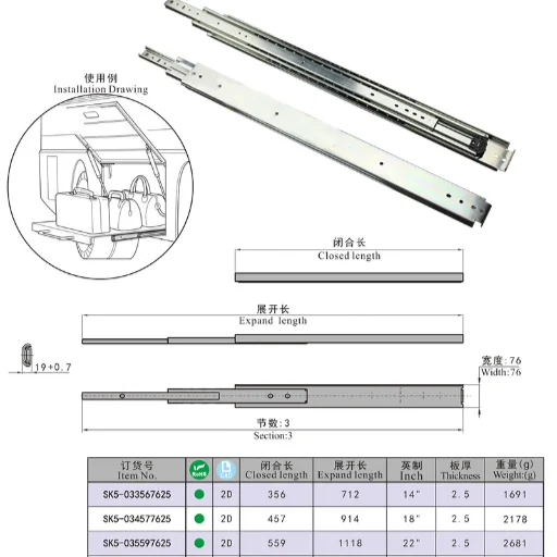 Drawer Slides 76 width Size diagram