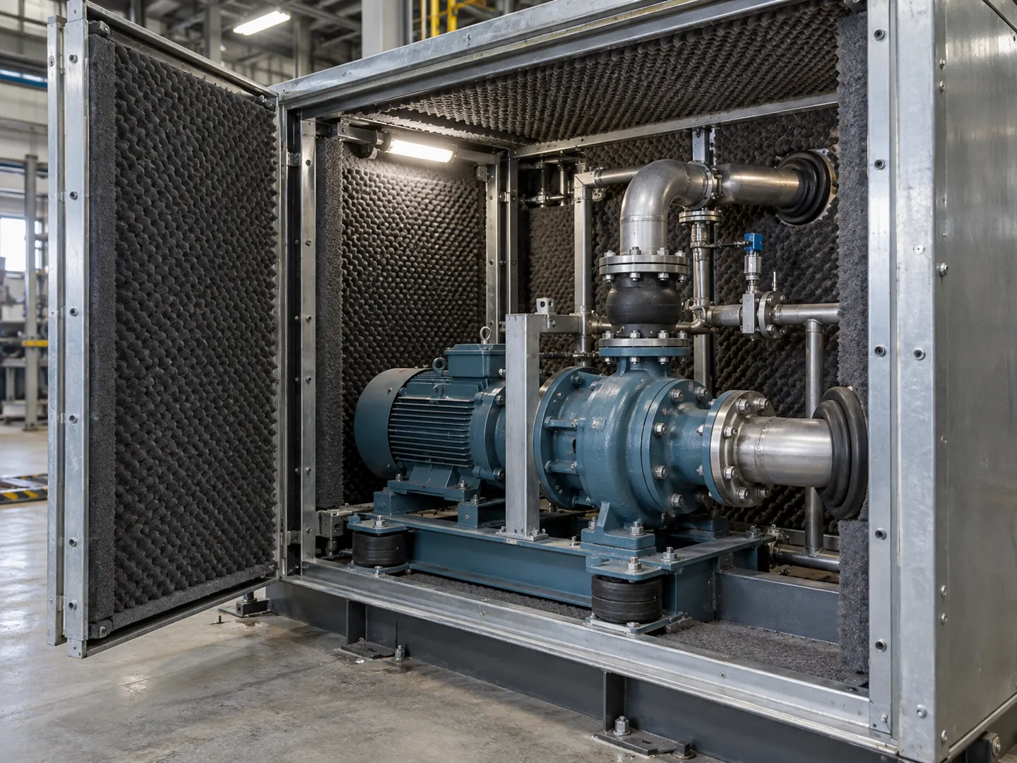 Cutaway view of an acoustic enclosure interior showing thick steel mass panels lined with porous absorption foam and a pump unit sitting on rubber vibration isolation mounts.