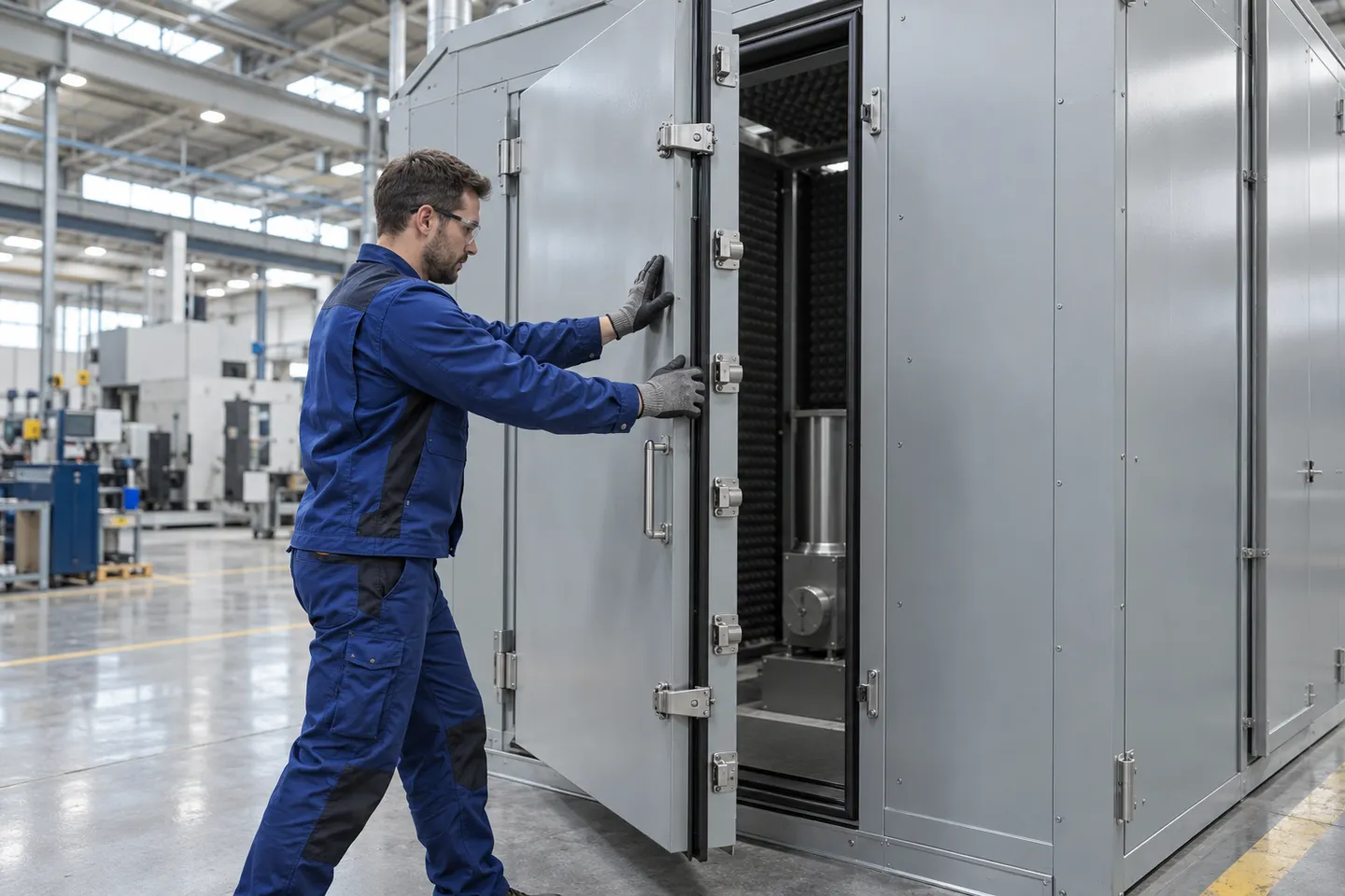 A technician closes the full-height heavy steel door of a large acoustic enclosure fitted with a row of compression latches along its gasketed edge.