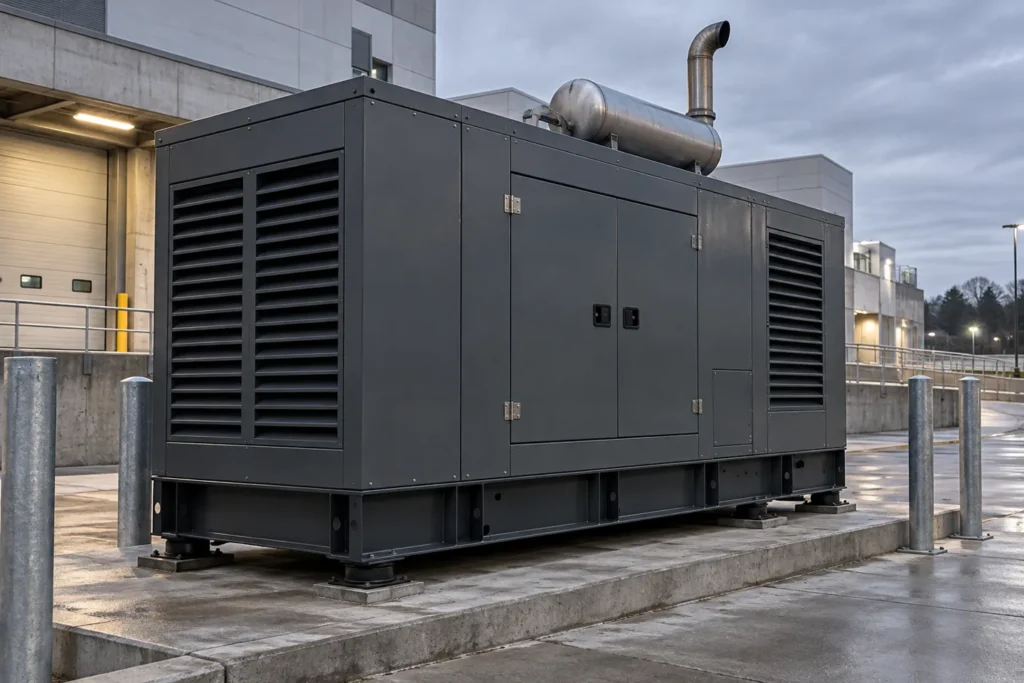 A generator set inside a heavy steel acoustic enclosure with louvred vents, latched access doors and an exhaust silencer, standing on anti-vibration mounts at a hospital loading dock.