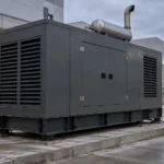 A generator set inside a heavy steel acoustic enclosure with louvred vents, latched access doors and an exhaust silencer, standing on anti-vibration mounts at a hospital loading dock.