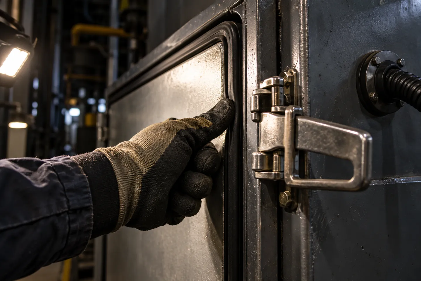 A technician presses the rubber door gasket of an acoustic enclosure to check it still holds compression, beside a heavy draw latch and a sealed cable pass-through.