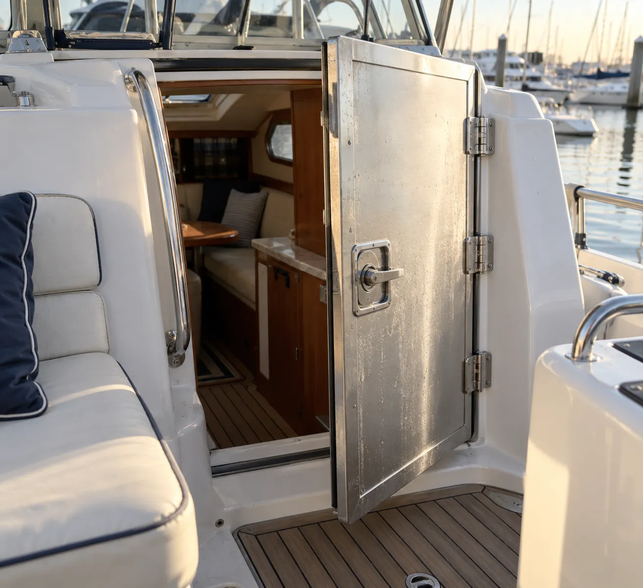 A cabin entry boat door on a cruising motor yacht, half open on its barrel hinges with a stainless slam latch, photographed in morning light at a marina.
