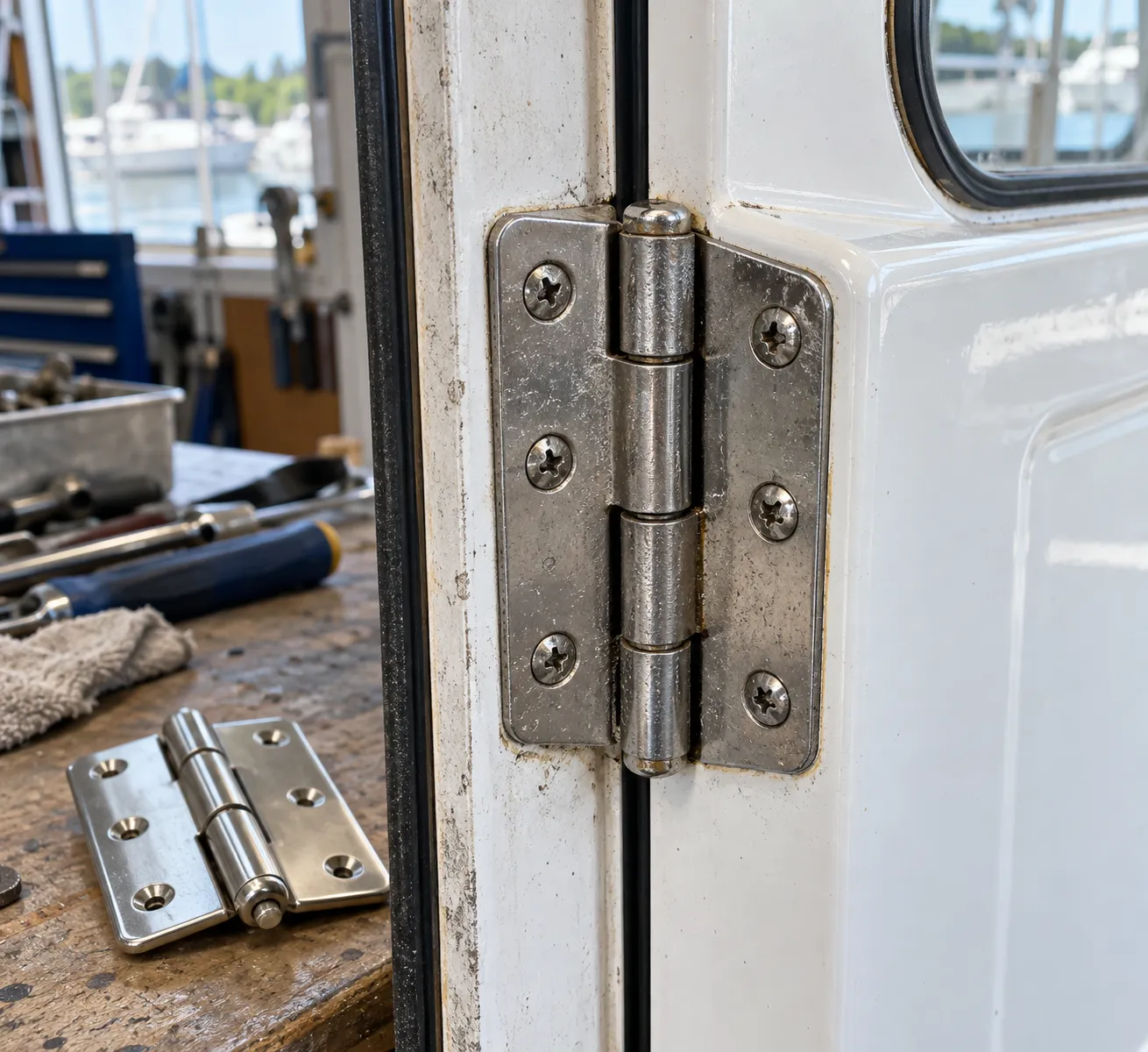 A cast stainless steel butt hinge bolted to a boat cabin door edge, its pin worn enough to show a small gap between the door leaf and the frame.