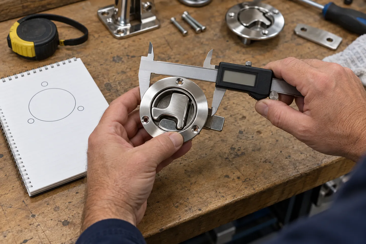 A technician measuring a stainless steel slam latch with a digital caliper before ordering replacement boat door hardware.