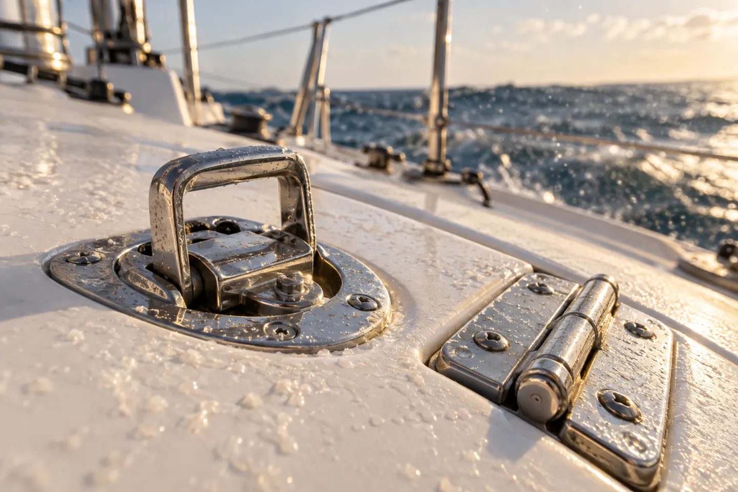 Polished 316 stainless steel latch hardware and a butt hinge mounted on a white boat deck, streaked with dried salt crystals after sea spray.
