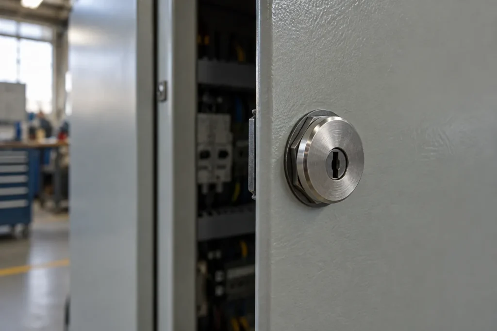 Quarter-turn cam lock mounted on the face of an electrical cabinet door, the hardware that a cam lock diagram describes in cross section