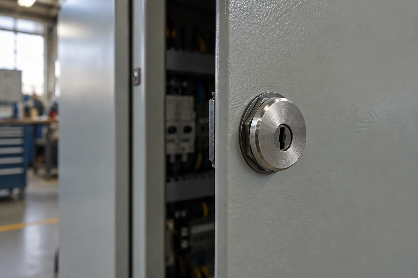 Quarter-turn cam lock mounted on the face of an electrical cabinet door, the hardware that a cam lock diagram describes in cross section