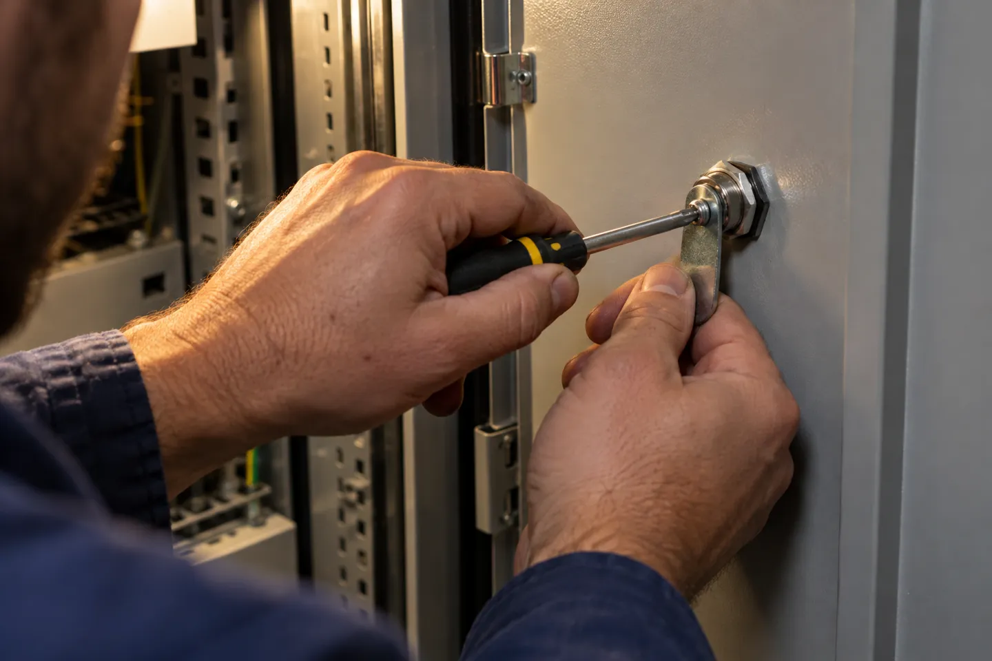 Technician tightening the cam retaining screw on the back of a cabinet door, the assembly check that prevents the loose-cam failure mode documented in repair threads