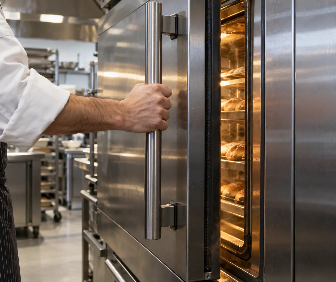 A cook grips the full-length tubular stainless steel handle of a commercial oven door while pulling it open, with the door gasket and hinge side visible along the frame of the commercial oven parts assembly.
