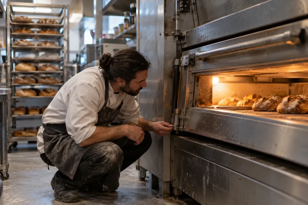 A baker inspects the sagging door of a stainless steel commercial deck oven in a busy bakery, the kind of commercial oven parts failure that starts with worn door hinges rather than heating elements.