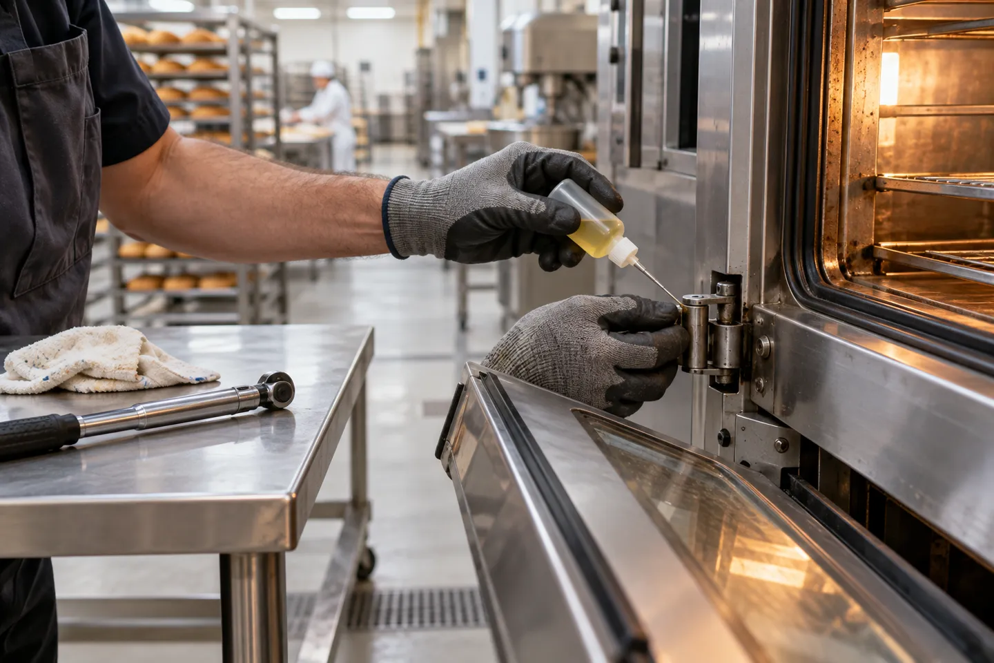 A technician lubricates the door hinge of an open commercial oven during a scheduled maintenance check, a routine that keeps commercial oven parts like hinges and latches ahead of wear.