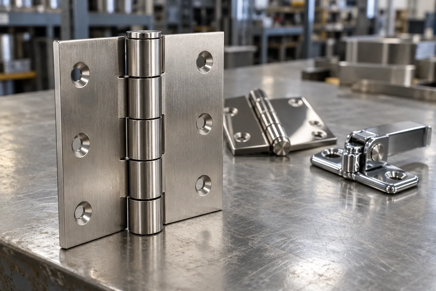 Brushed stainless steel, polished stainless steel, and chrome-plated commercial oven door hinges compared on a workshop bench, showing the grade and finish choices to weigh when ordering commercial oven parts.