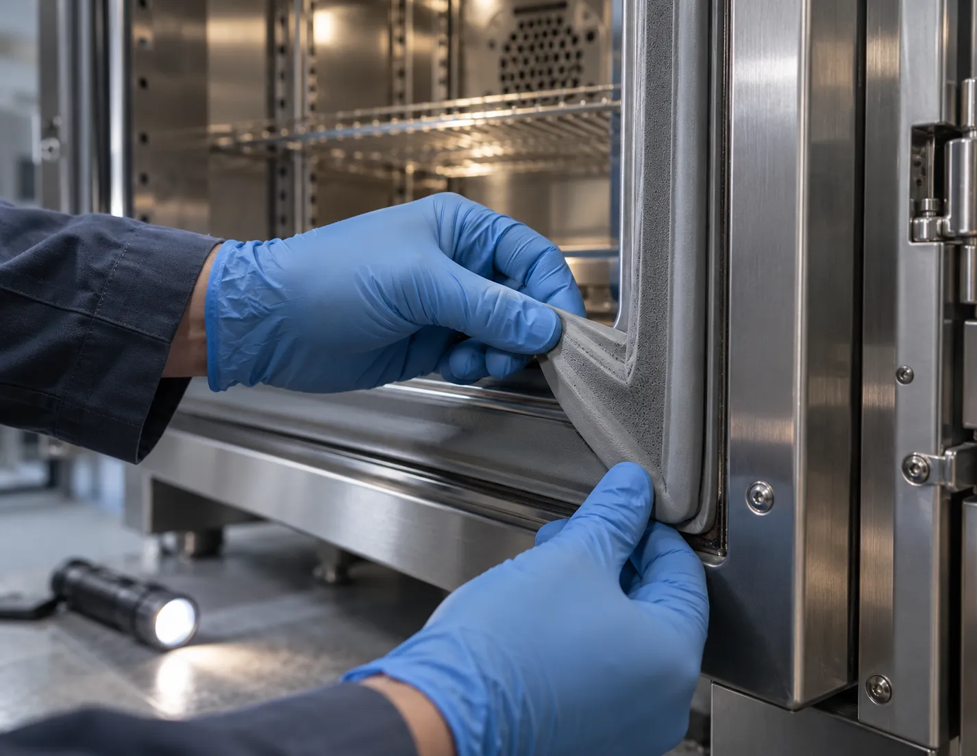 A technician inspects the silicone sponge door gasket of a humidity chamber for flat spots and compression set during a drift investigation