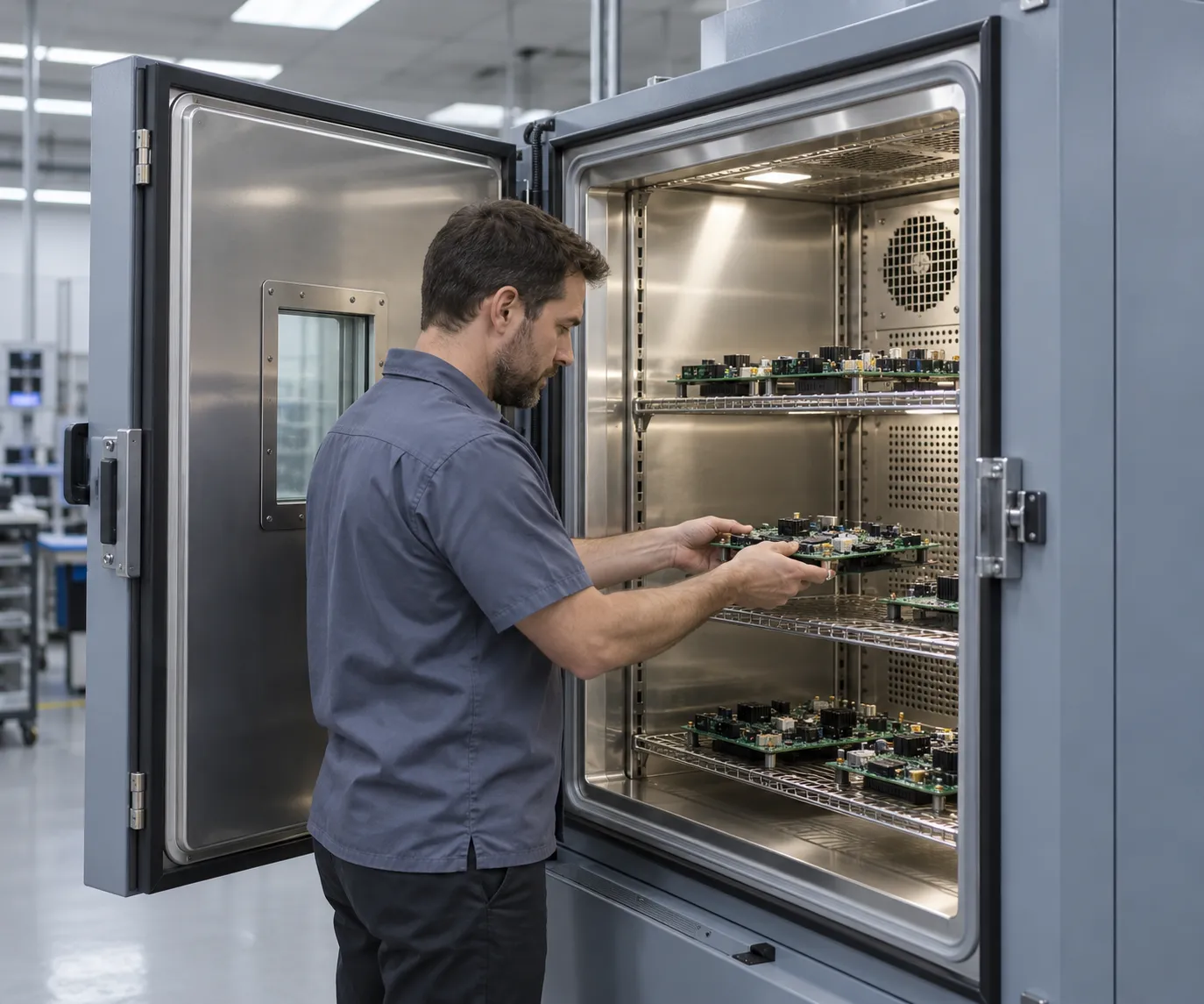 A technician loads circuit board samples into a floor-standing humidity chamber during damp-heat testing at 85 °C and 85% relative humidity