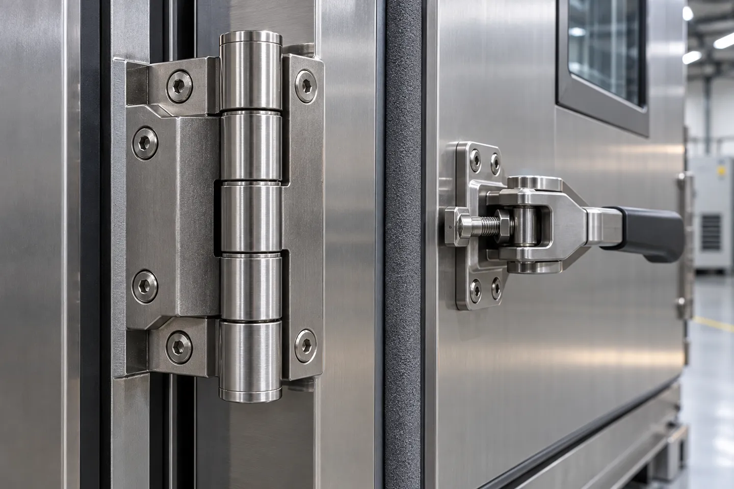 A solid cast stainless steel hinge and a compression latch with an adjustable base closing an insulated humidity chamber door onto its gasket
