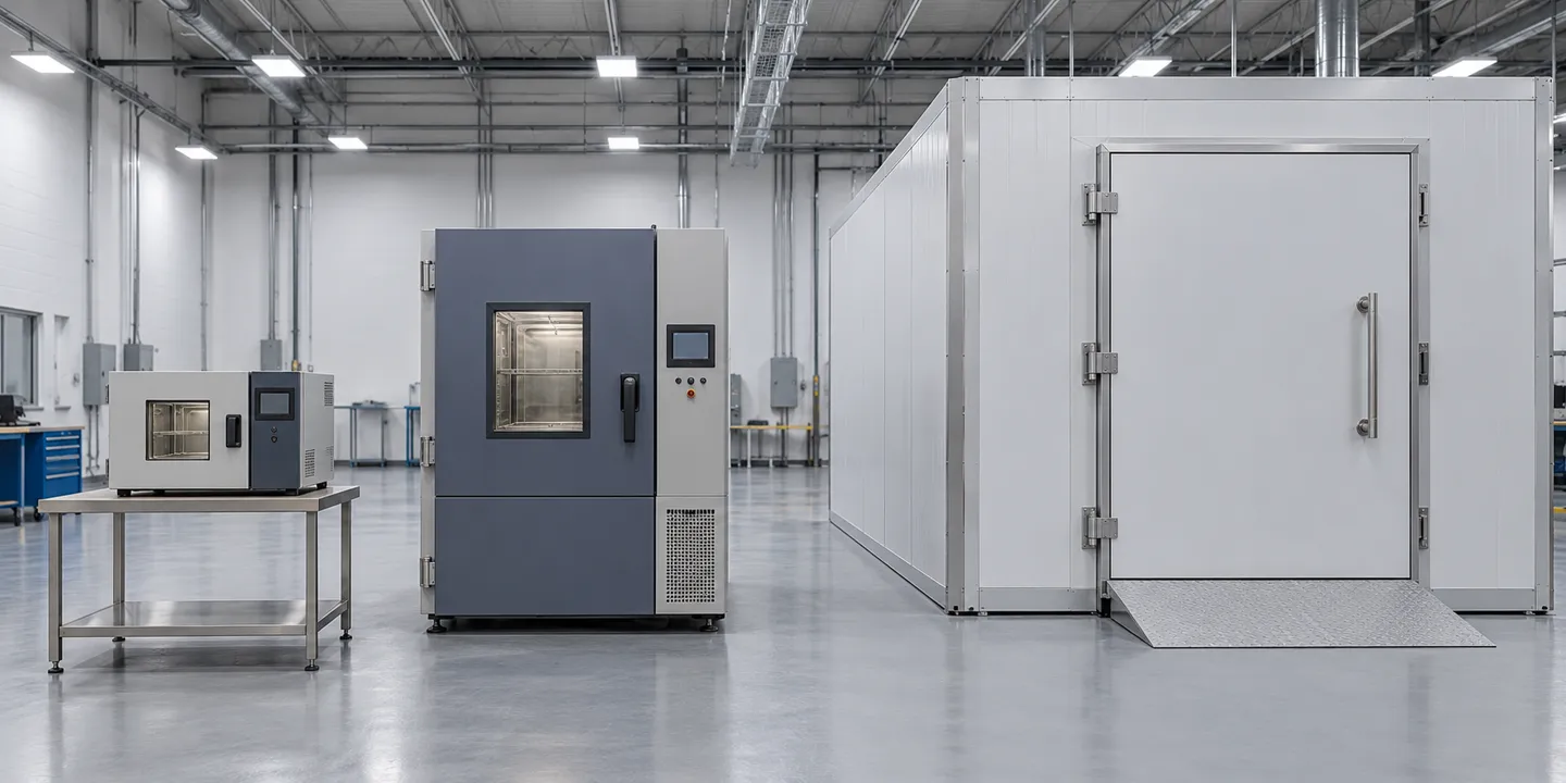 Three scales of humidity chamber equipment side by side, from a benchtop unit on a workbench to a floor-standing reach-in cabinet and a walk-in test room