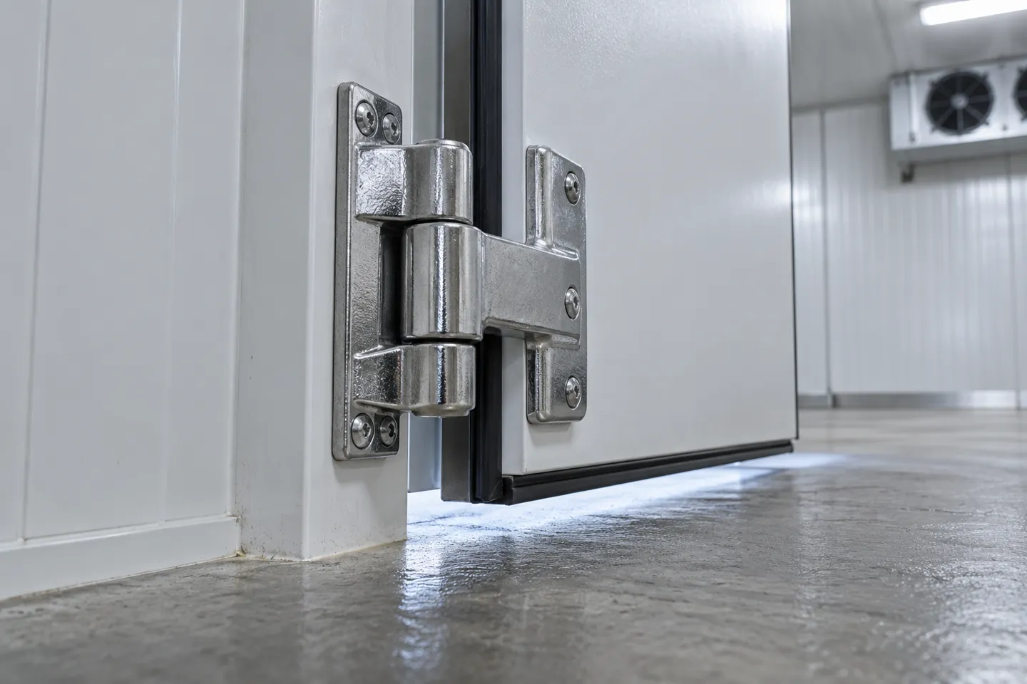 A chrome cast cam-lift hinge on a walk-in cooler door holds the door edge raised a few millimeters off the floor as it swings, the mechanism that lets a cold storage door drop back onto its gasket.