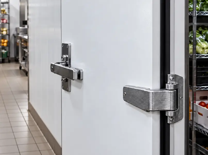 A walk-in cooler door standing slightly open on heavy cast hinges shows how refrigerator door hinge types carry everything from commercial cold storage doors to home fridges.
