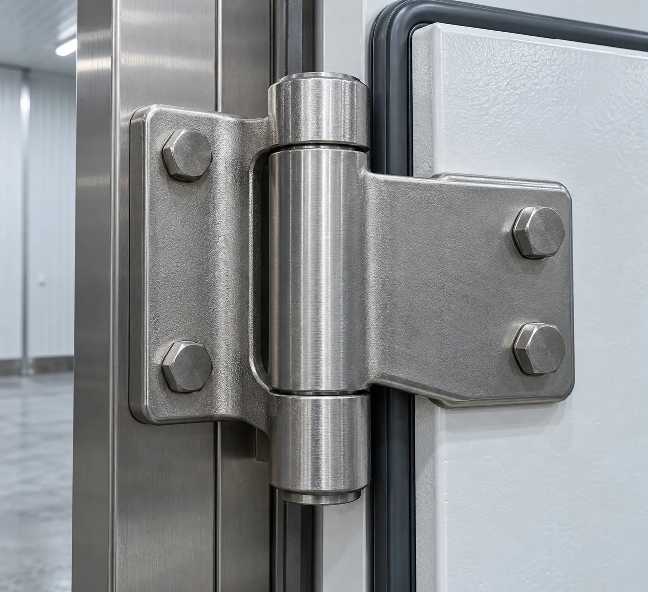 A solid cast SUS304 stainless steel hinge with a thick barrel and hex head bolts carries a heavy cold storage door where corrosion resistance and low temperature toughness decide the hinge material grade.