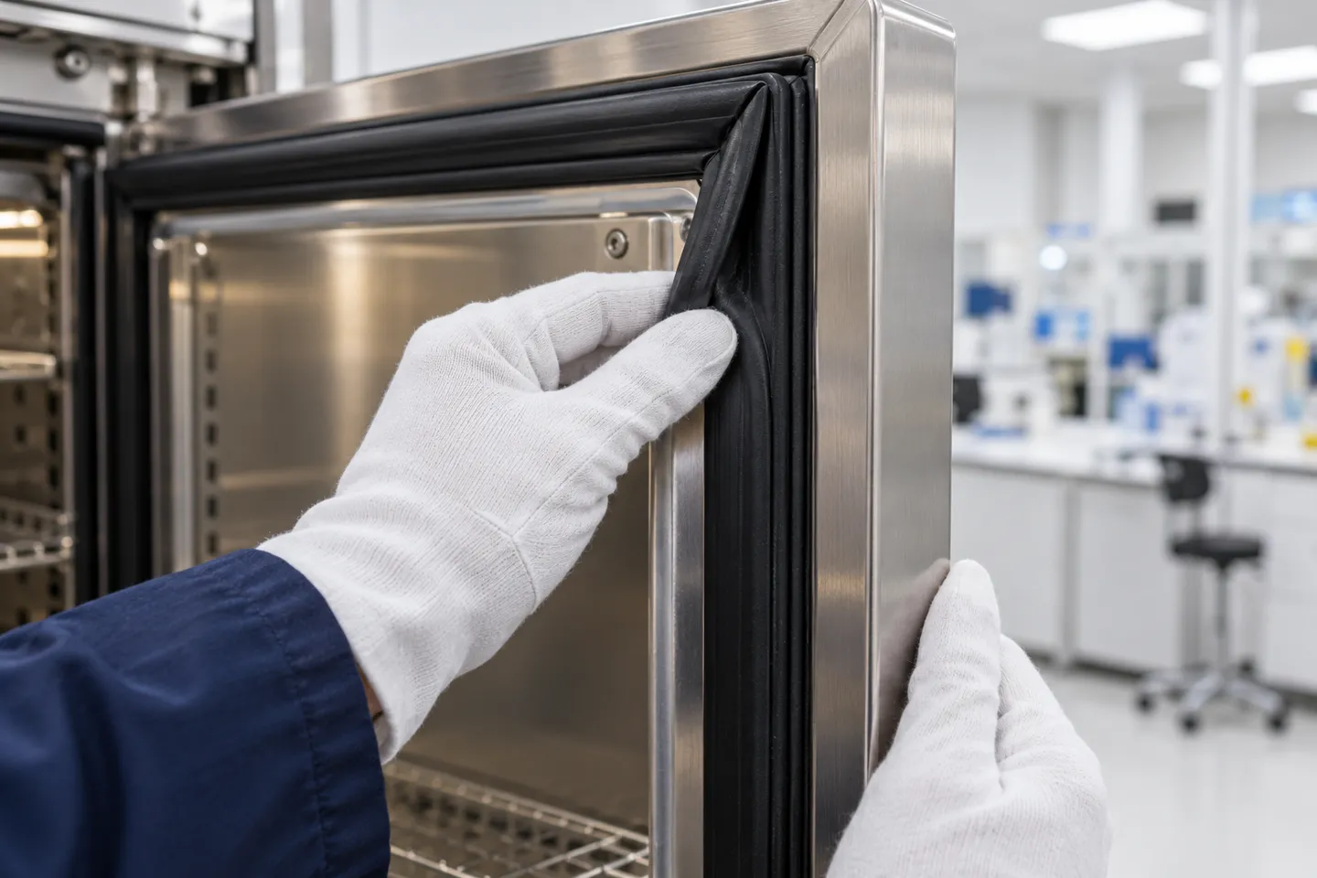 A technician in white gloves peels back a corner of the black rubber door gasket on a stability test chamber door to check its compression and wear, the part of the chamber documented failure analyses blame most often.