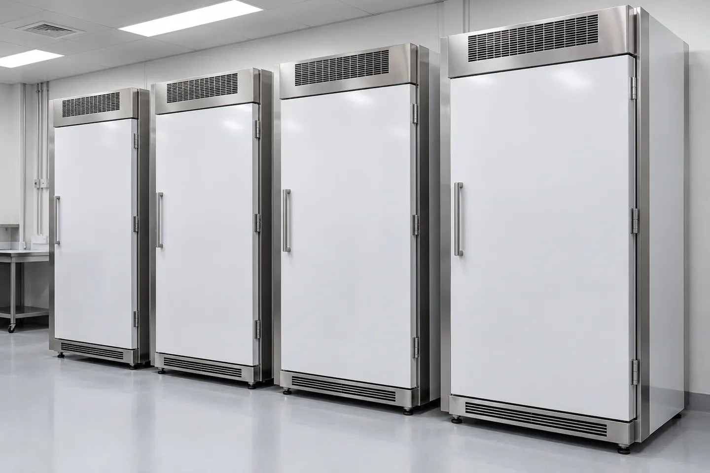 A row of reach-in stability test chambers lined up along the wall of a pharmaceutical stability testing room, the fleet format most labs depend on to hold ICH storage conditions around the clock.