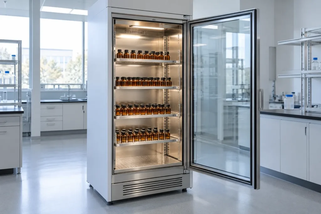 A full-height stability test chamber in a pharmaceutical quality-control laboratory with its door open to show amber sample bottles staged on illuminated stainless steel shelves for an ICH stability study.