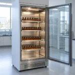 A full-height stability test chamber in a pharmaceutical quality-control laboratory with its door open to show amber sample bottles staged on illuminated stainless steel shelves for an ICH stability study.
