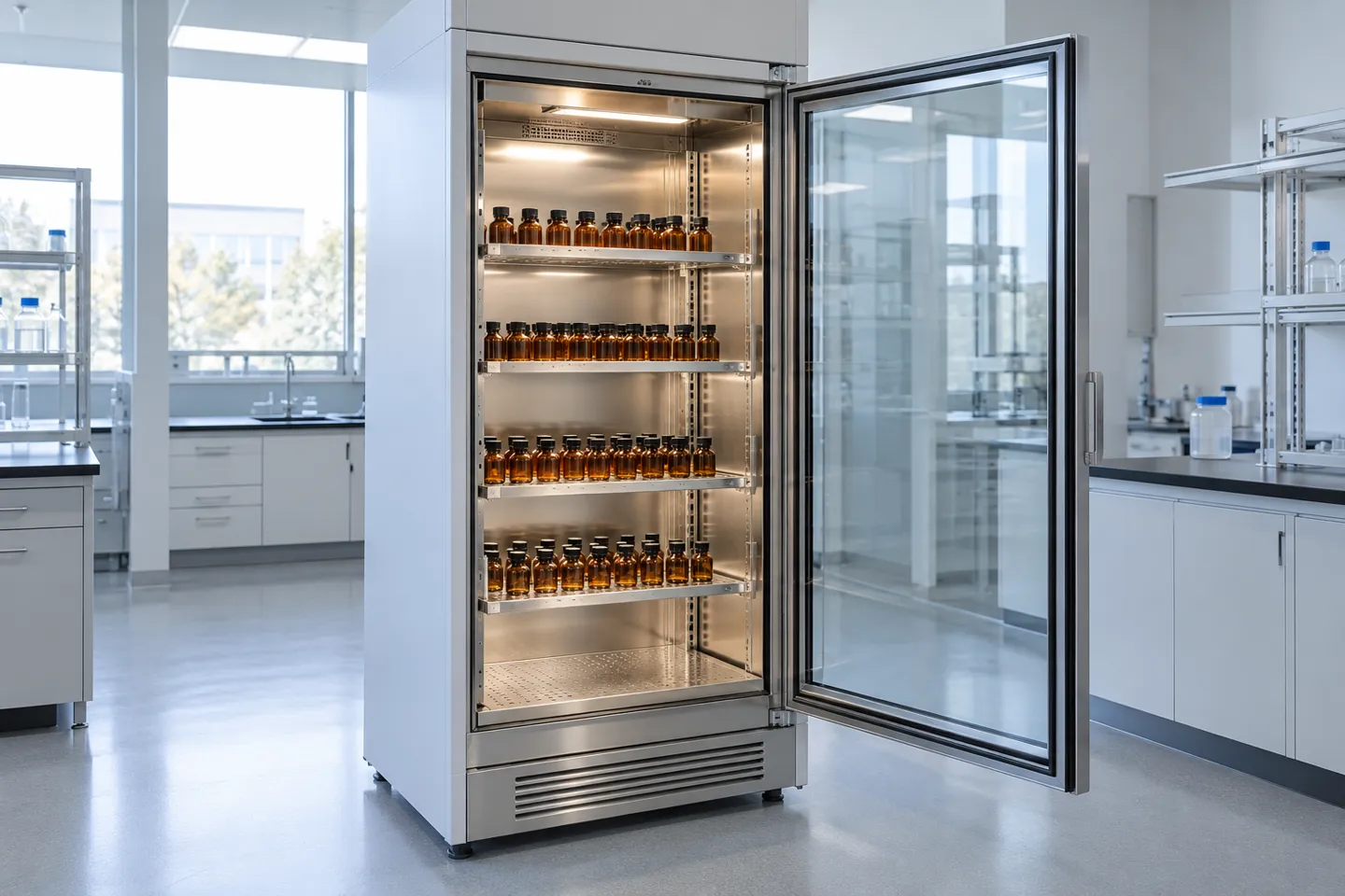 A full-height stability test chamber in a pharmaceutical quality-control laboratory with its door open to show amber sample bottles staged on illuminated stainless steel shelves for an ICH stability study.