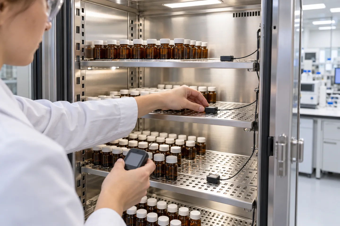A loaded temperature and humidity mapping study inside a stability test chamber, a technician placing wired reference sensors across shelves of amber sample bottles to prove uniformity under full load.