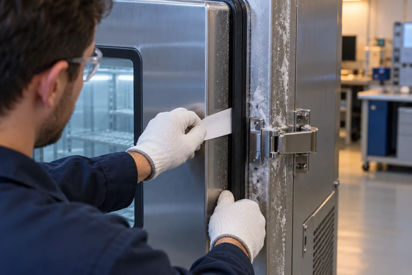 A gloved technician pulls a paper strip from the closed door of a temperature test chamber to check gasket compression, with frost visible on the frame.