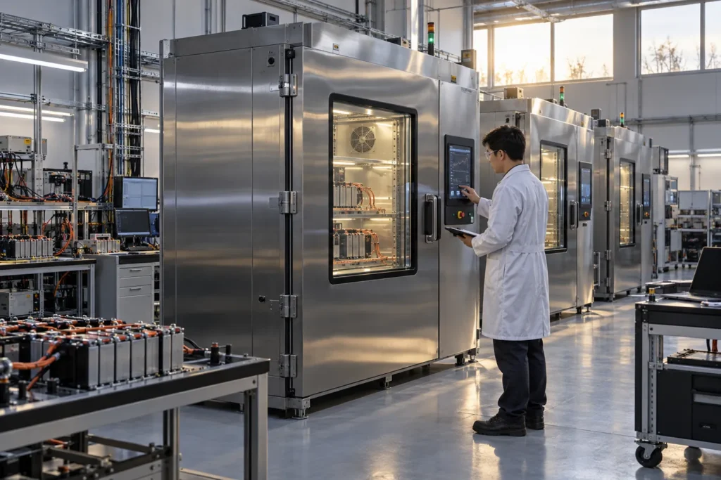 A technician monitors a floor-standing temperature test chamber among rows of stainless steel chambers in a battery testing laboratory at dawn.