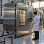 A technician monitors a floor-standing temperature test chamber among rows of stainless steel chambers in a battery testing laboratory at dawn.