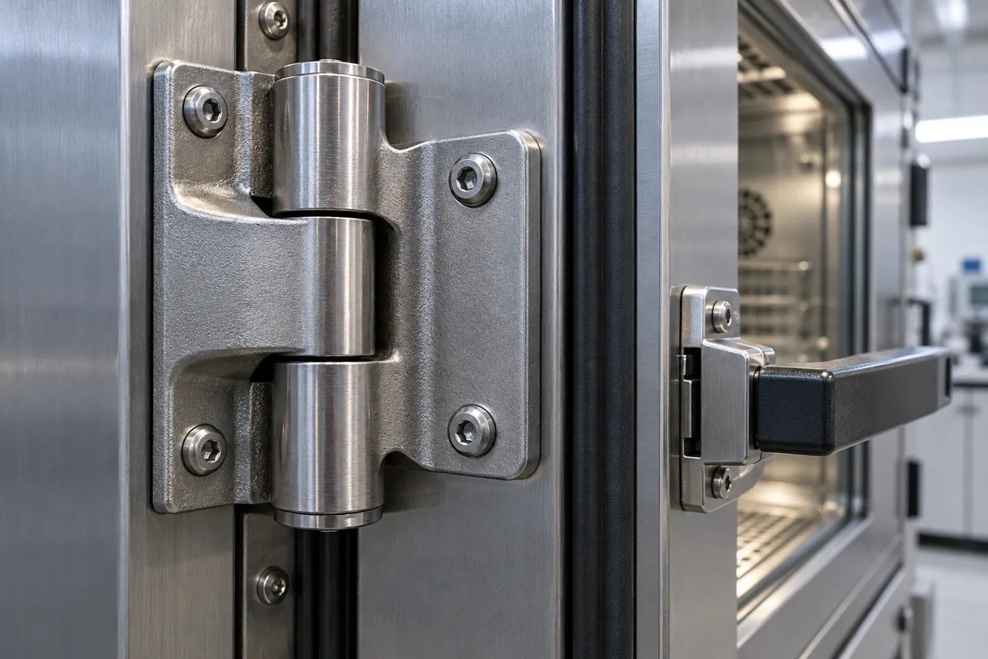 Close-up of a solid cast stainless steel hinge on an insulated temperature test chamber door, beside the black door gasket and a heavy compression latch.
