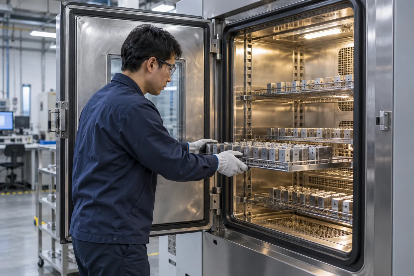 A technician slides a rack of metal test samples into an open reach-in temperature test chamber with the heavy insulated door swung wide.