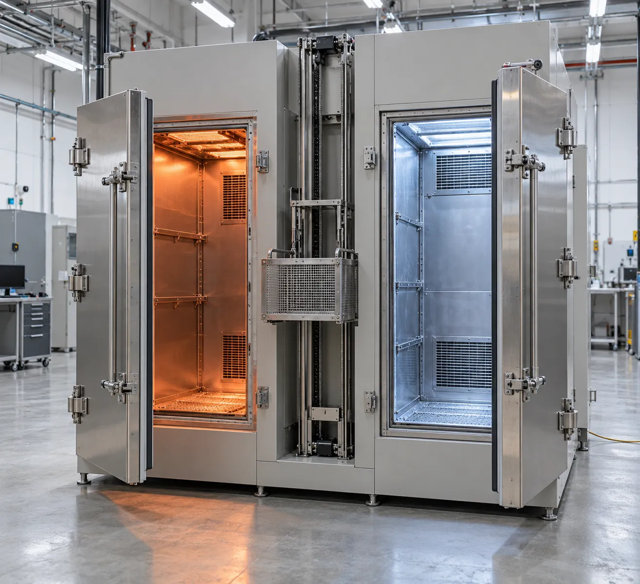 A two-zone thermal shock chamber built as a specialized temperature test chamber, with a hot zone and a cold zone and a lifting sample basket between them, both heavy doors open.