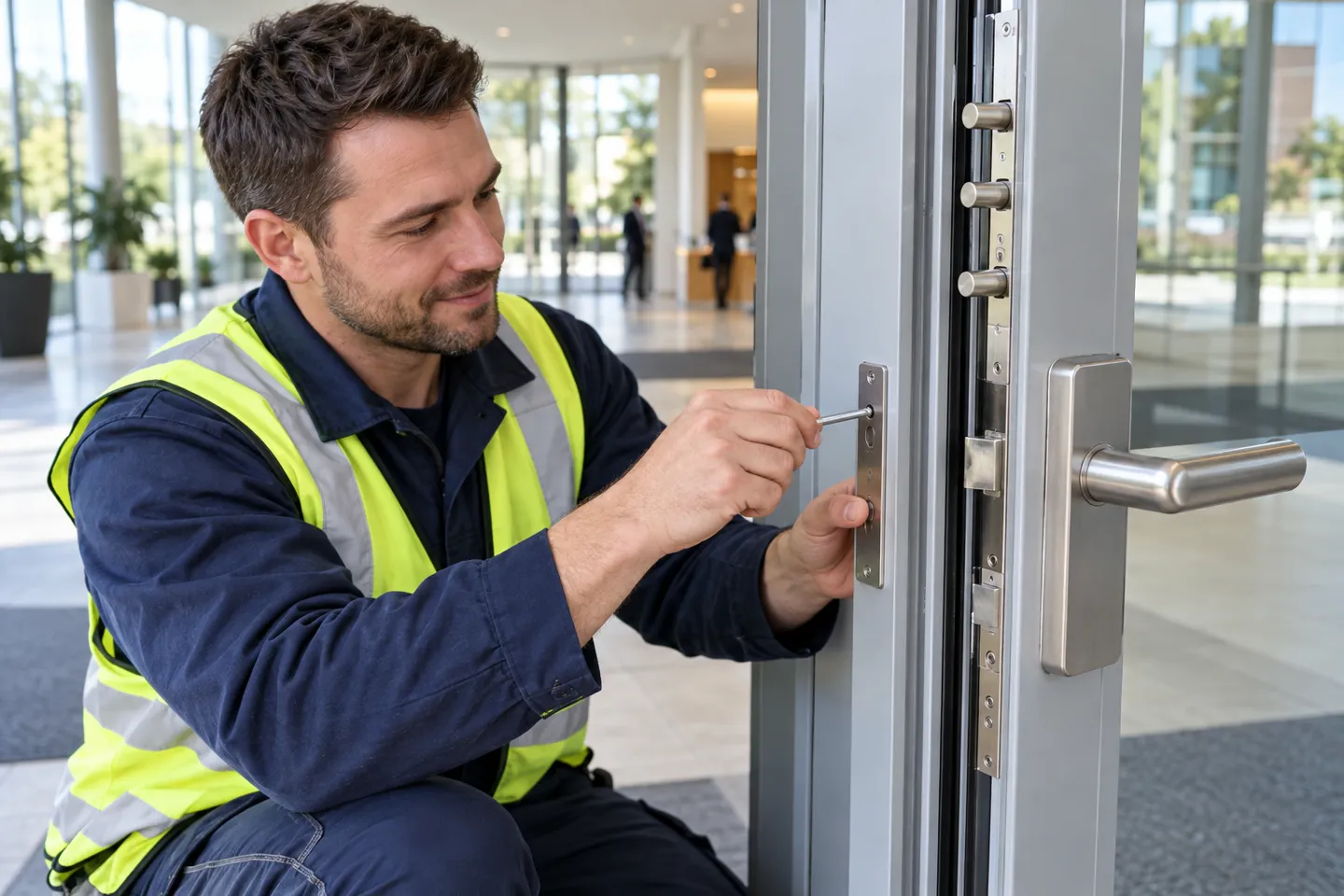 A service technician adjusting the keep plate on a commercial door frame with a hex key, the first maintenance step when the points of a multi-point locking system stop engaging.