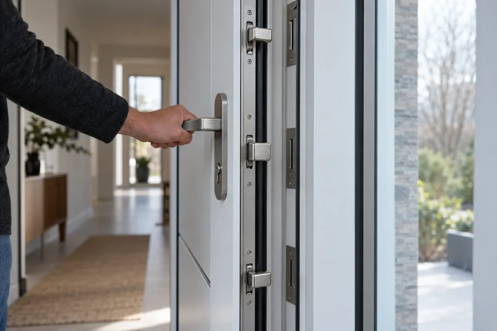 A modern front door standing open, showing the multi-point locking bolts engaged at three heights along the door edge, illustrating what is a multi point lock in everyday use.