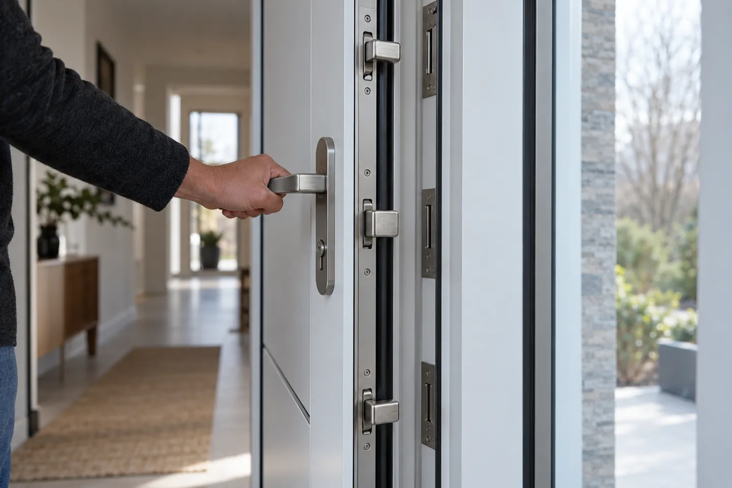 A modern front door standing open, showing the multi-point locking bolts engaged at three heights along the door edge, illustrating what is a multi point lock in everyday use.