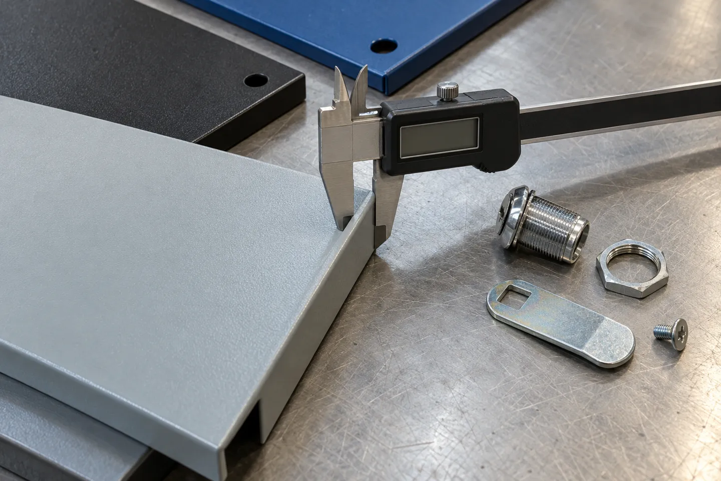 A digital caliper measuring the sheet thickness of a powder-coated steel panel on a workbench, the measurement behind the 1.0 to 3.0 mm panel thickness fit listed in industrial multi-point lock catalogs.