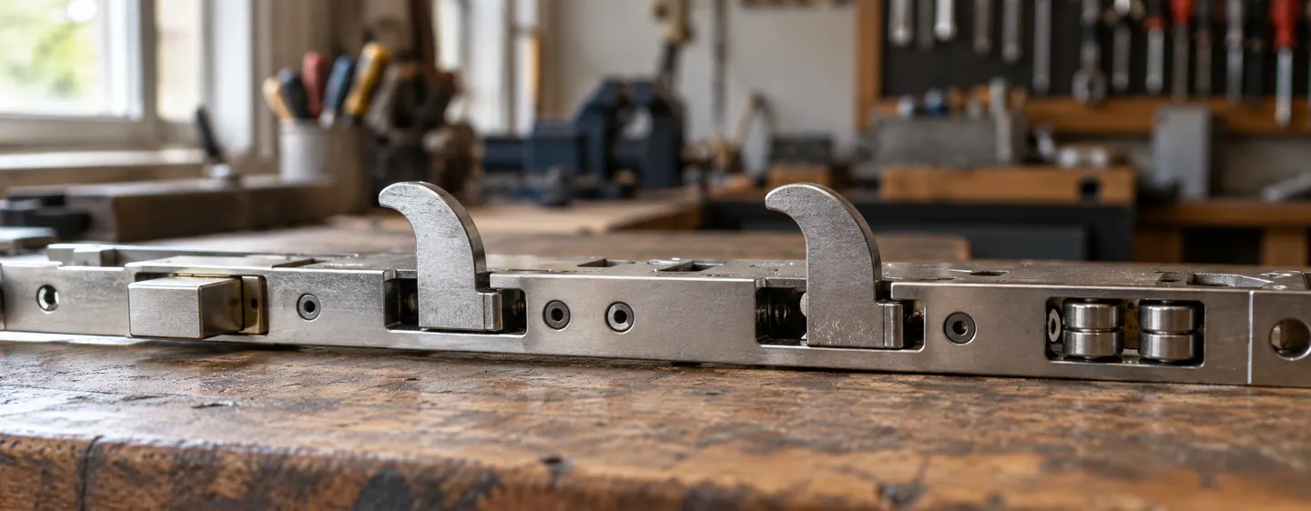 A dismantled multi-point lock plate on a locksmith workbench, showing the square deadbolt, two hook bolts, and roller points that make up a multi-point locking system.