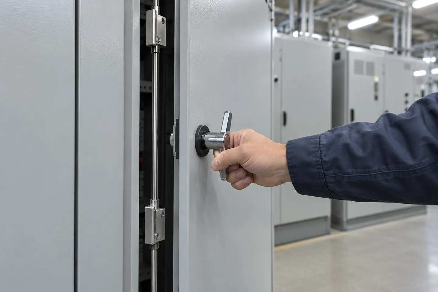 A technician turning the 90-degree T-handle of a rod control multi-point lock on a steel electrical cabinet door, with the vertical locking rods visible along the door edge.